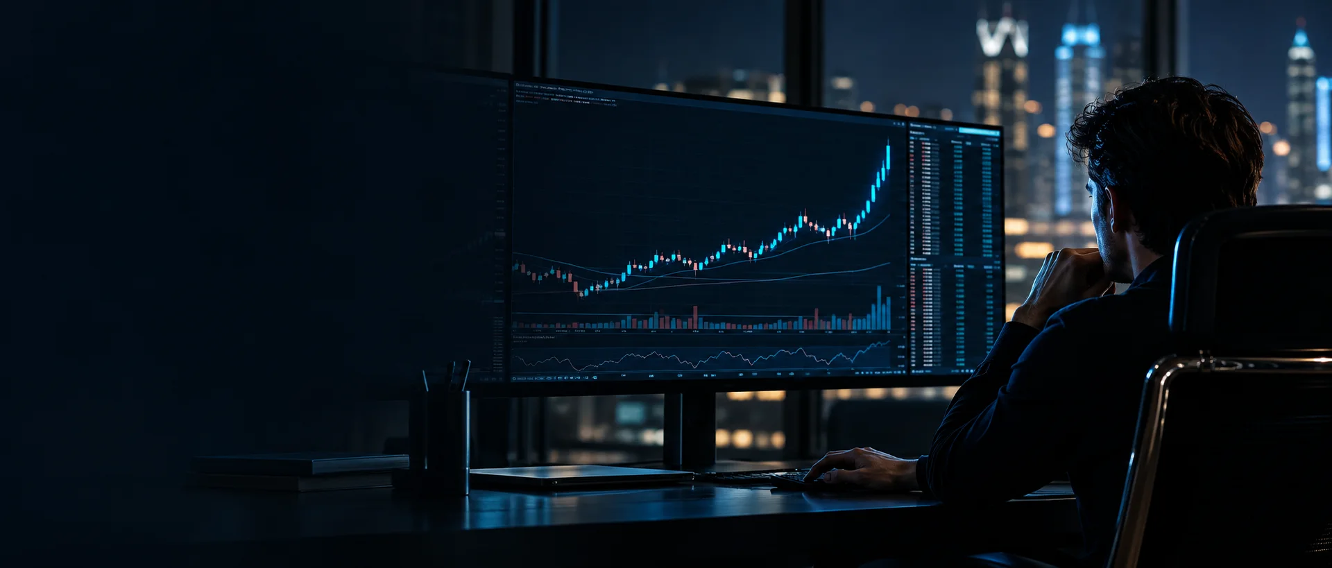 Trader frente a un gráfico que acelera mientras evalúa una posible entrada